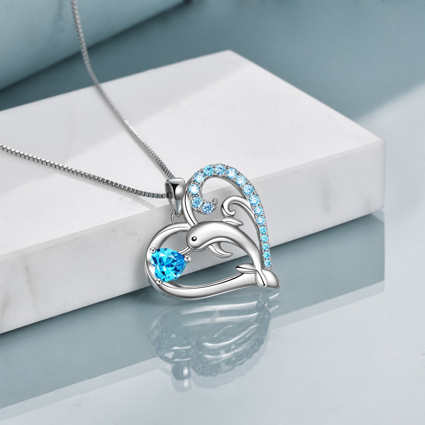 Dolphin Necklace for Women 925 Sterling Silver Dolphin Sea Wave Love Heart Pendant Necklace Jewellery Birthday Friendship Gift for Mother - Niki Ice Jewelry 