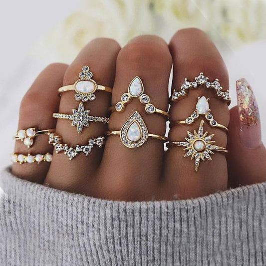 10 Piece Opal Created Ring Set With Austrian Crystals 18K Gold Plated Ring - Made in Italy