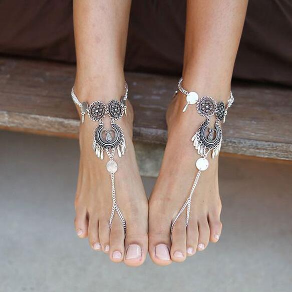 Bohemian Jewelry Antique Silver Color Hollow Flower Chain Anklets Beach Barefoot Sandals Foot Jewelry - Niki Ice Jewelry 