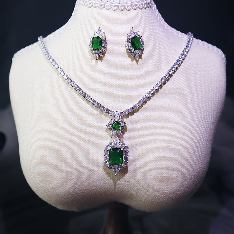 Simple and Elegant Pendant Dark Green Necklace Earring Set - Niki Ice Jewelry 