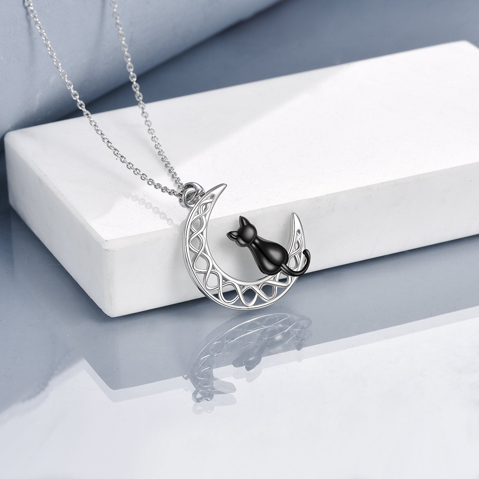 Celtic Moon Cat Necklace for Girls Sterling Silver Irish Jewelry - Niki Ice Jewelry 