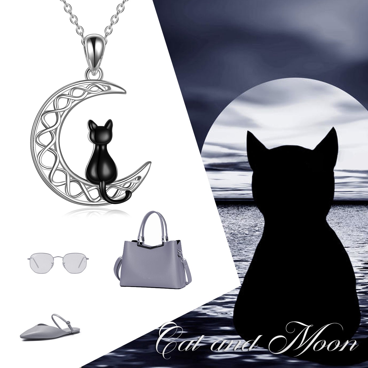 Celtic Moon Cat Necklace for Girls Sterling Silver Irish Jewelry - Niki Ice Jewelry 