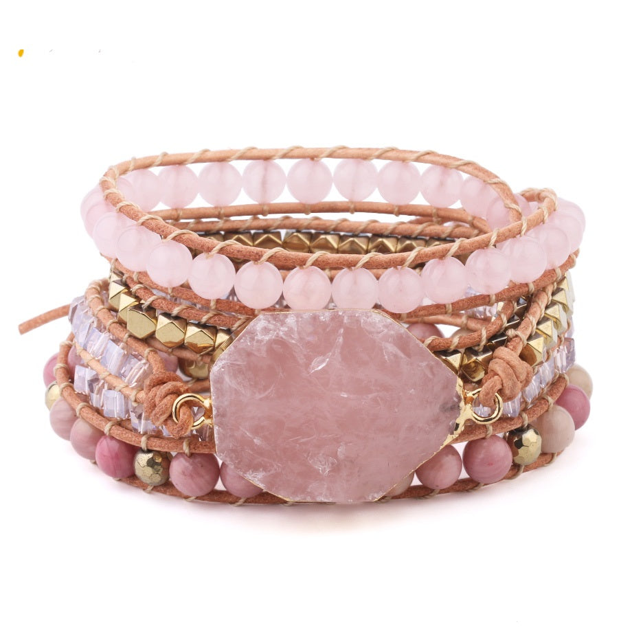 Natural Stone Bracelet  Quartz Leather Wrap Bracelets For Women Rose Gems Beads Jewelry 5 Strand - Niki Ice Jewelry 