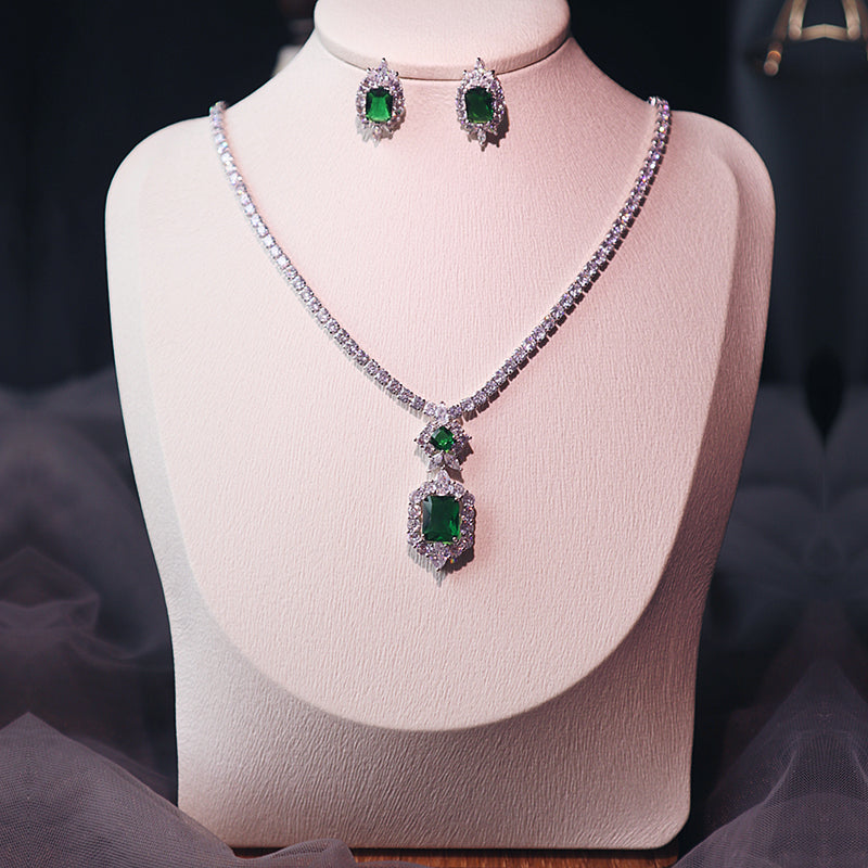 Simple and Elegant Pendant Dark Green Necklace Earring Set - Niki Ice Jewelry 