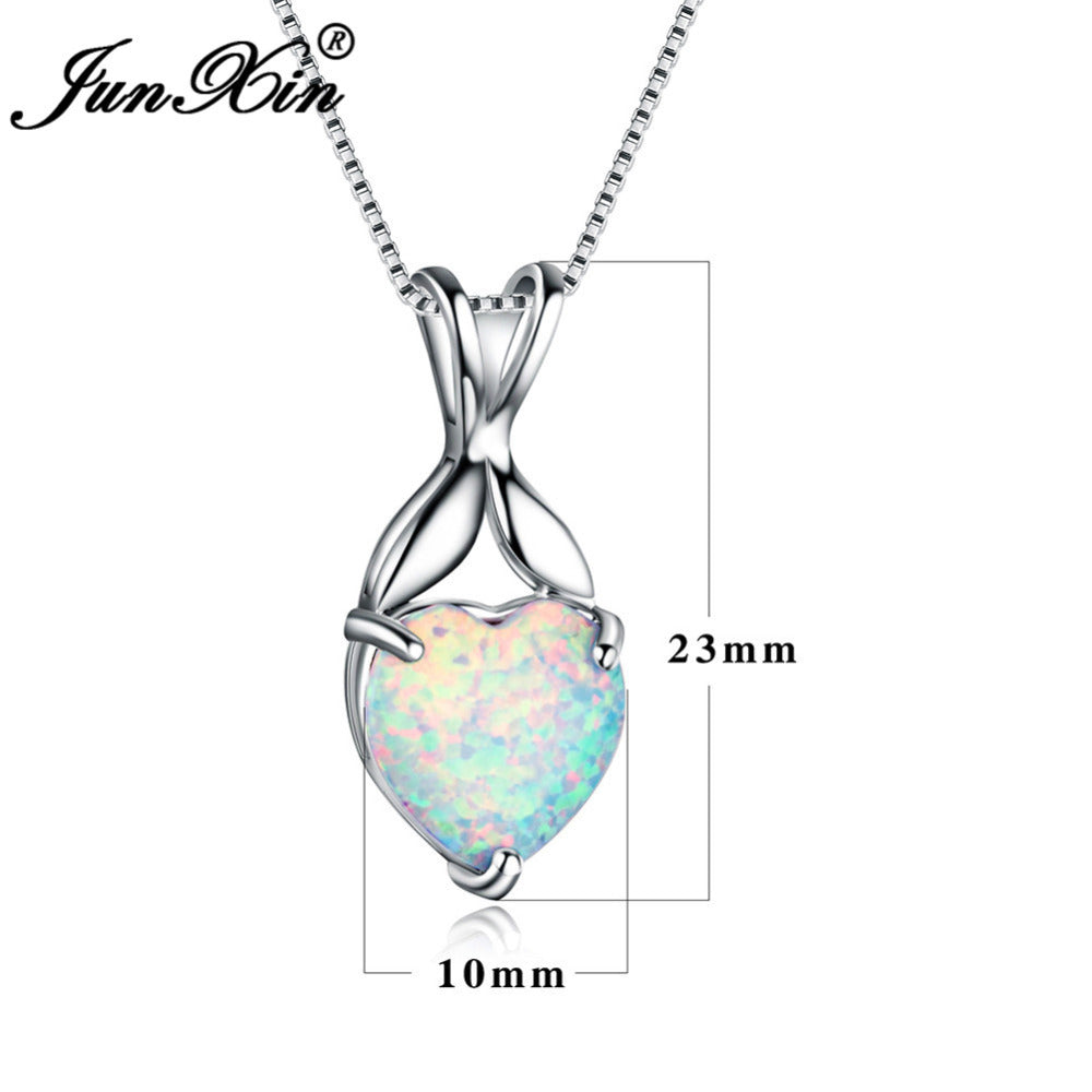 Romantic White Fire Opal Heart Pendants & Necklaces For Women 925 Sterling Silver Bridal Wedding Jewelry