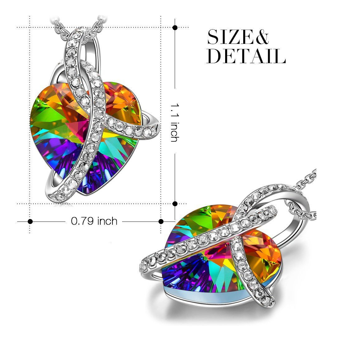 Rainbow Aurora Borealis Crystal Heart Necklace in 18K White Gold Plated (3 options)