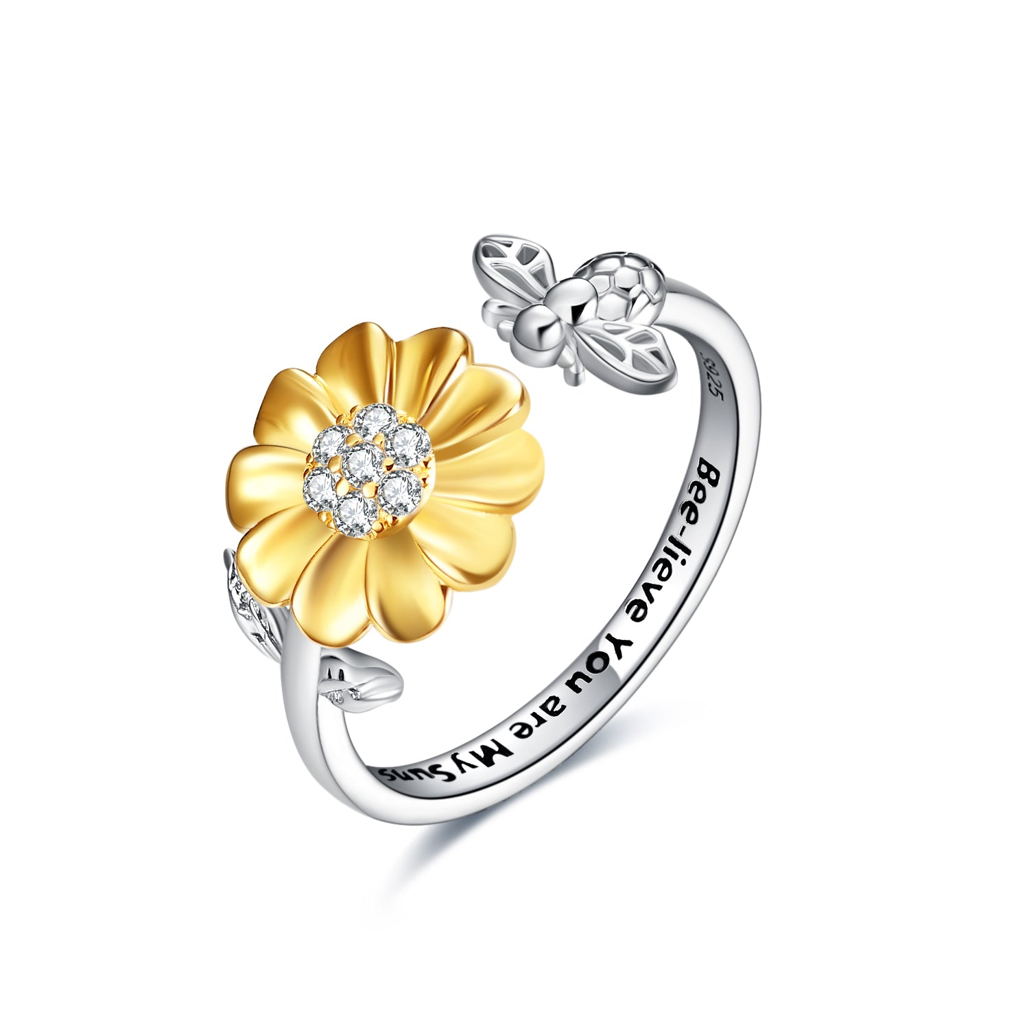 Sterling Silver Sunflower with Bee-live You Are My Sunshine Open Adjustable Ring - Niki Ice Jewelry 