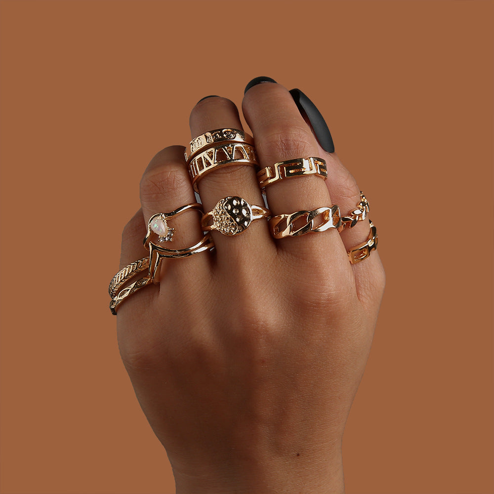 Leaf Crown Geometric Articulation Rings 6 Piece Combination Rings - Niki Ice Jewelry 