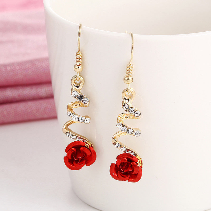 Fashion Jewelry Ethnic Red Rose Drop Earrings Big Rhinestone Earrings Vintage For Women Rose Gold Spiral Dangle Earring - Niki Ice Jewelry 