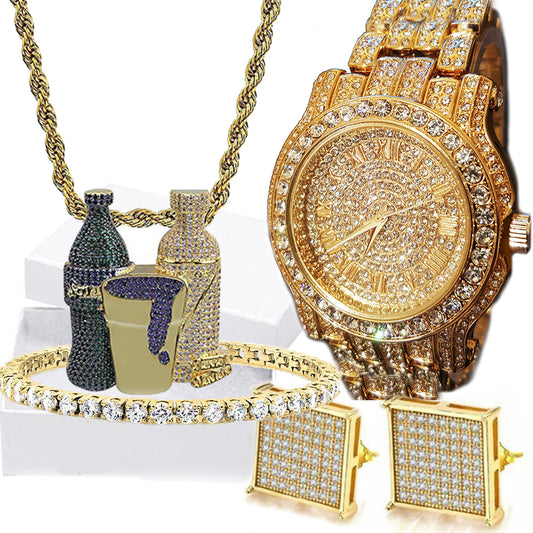 18K Gold Plated 4 Piece Mens Jewelry And Watch Set