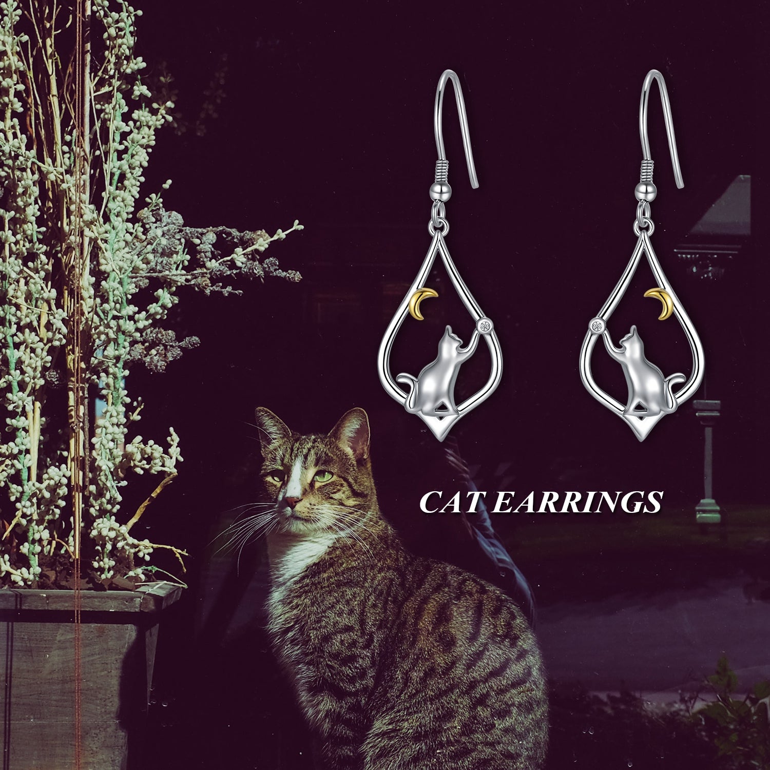 Cat Earrings Sterling Silver Cat Moon Dangle Drop Hooks Earrings Cute Animal Jewelry Cat Lovers Gifts for Women Teens Birthday - Niki Ice Jewelry 