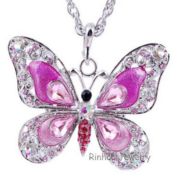 Butterfly Necklace Jewelry 6 Colors Bohemian Enamel Crystal Butterfly Pendant long w/chain