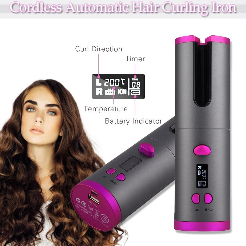 Automatic Hair Curler Curling Iron Wireless Ceramic USB Rechargeable With LED Digital Display - Niki Ice Jewelry 