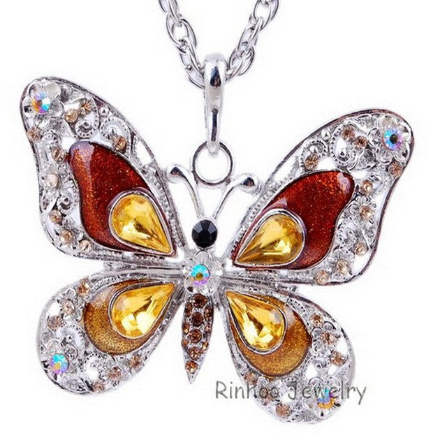 Butterfly Necklace Jewelry 6 Colors Bohemian Enamel Crystal Butterfly Pendant long w/chain