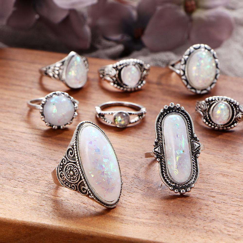 8 Piece Opal Created Oxidized Ring Set With Austrian Crystals 18K White Gold Plated Ring