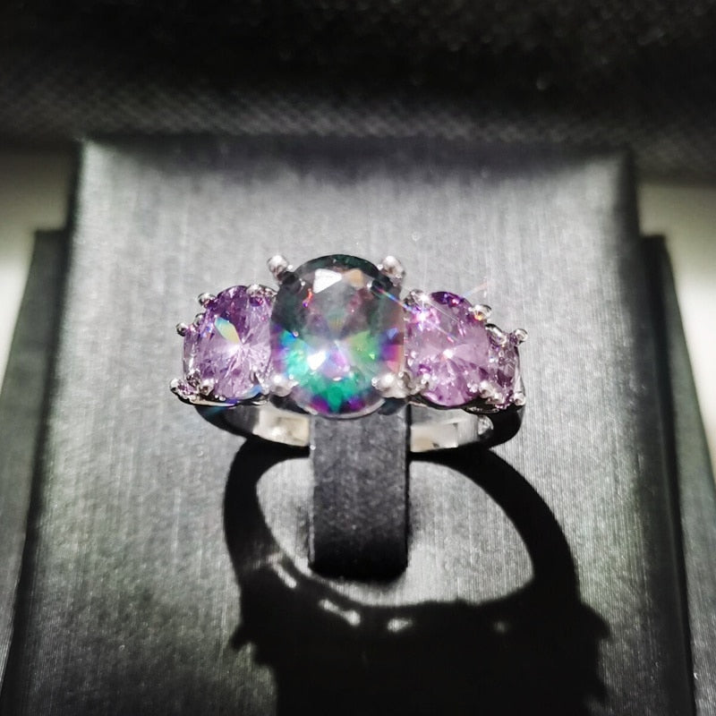 Luxurious Mystery Stone Ring Silver Plated Rainbow Fashion Jewelry Women`s Modern Jewelry