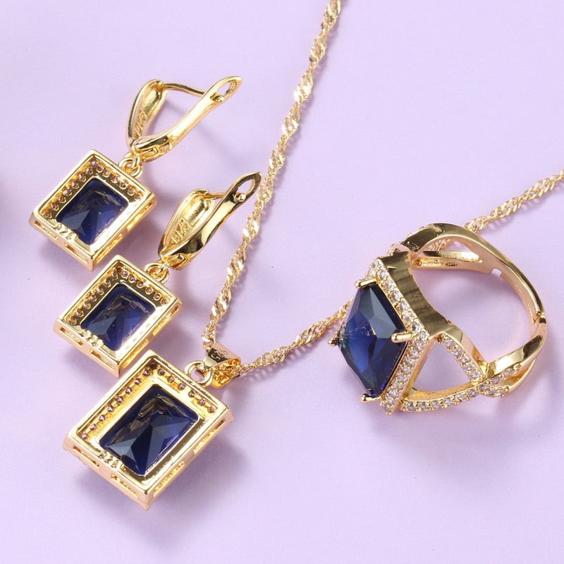Classic Anniversary Gift Yellow-Gold Color Costume Women Jewelry Sets With Natural Stone Blue Earrings And Necklace Bridal Sets