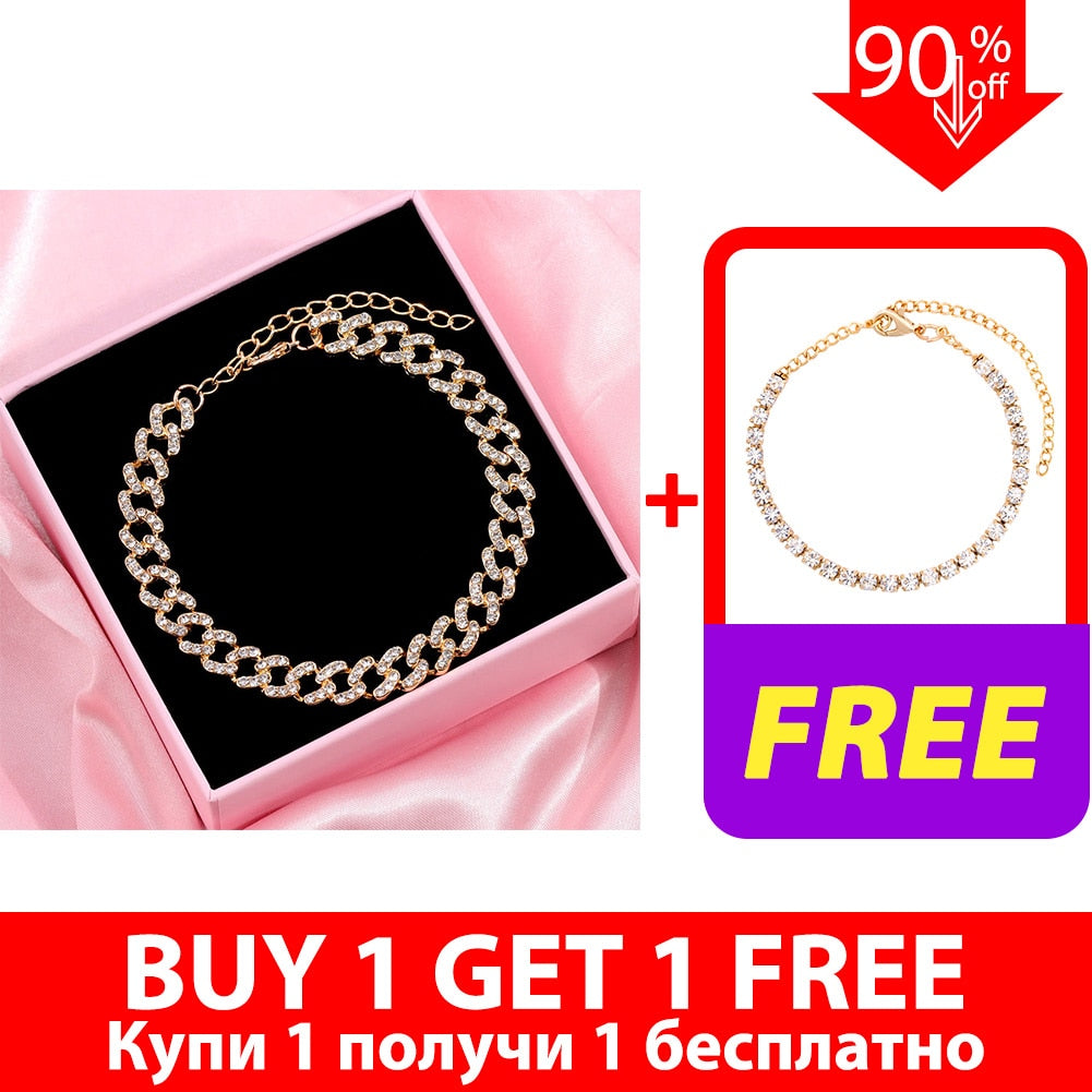 New Fashion Chunky Metal Chain Anklet For Women Men Rhinestone Gold Silver Color Cuban Foot Bracelet Punk Hip Hop Rock Jewelry - Niki Ice Jewelry 