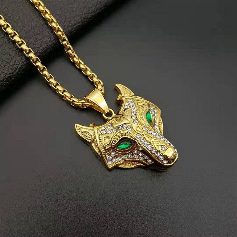 Men Stainless Steel  Gold Color Viking Wolf Pendant With Chain Iced Out Norse Talisman Jewelry - Niki Ice Jewelry 