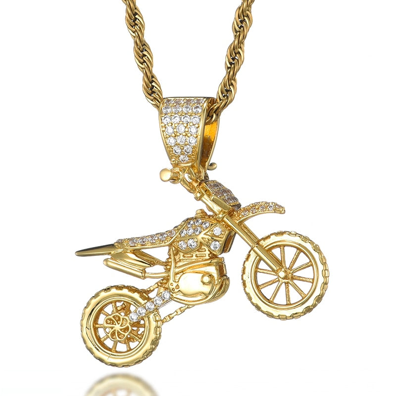 HIP Hop Full AAA Iced Out Bling CZ Cubic Zircon Copper Motorcycle Pendants &amp; Necklaces For Men Jewelry With Tennis Chain - Niki Ice Jewelry 