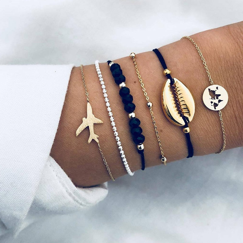New Bohemian Black Rope Chain Bracelet Set For Women aircraft Shell Moon Heart crystal Charm Bangle Boho Jewelry - Niki Ice Jewelry 