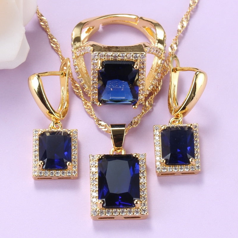 Classic Anniversary Gift Yellow-Gold Color Costume Women Jewelry Sets With Natural Stone Blue Earrings And Necklace Bridal Sets