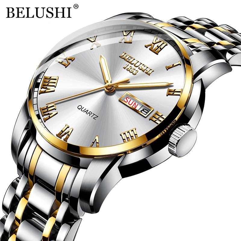 Belushi Luxury Mens Watches Luminous Waterproof Stainless Steel Watch Quartz Men Date Calendar Business Wristwatch