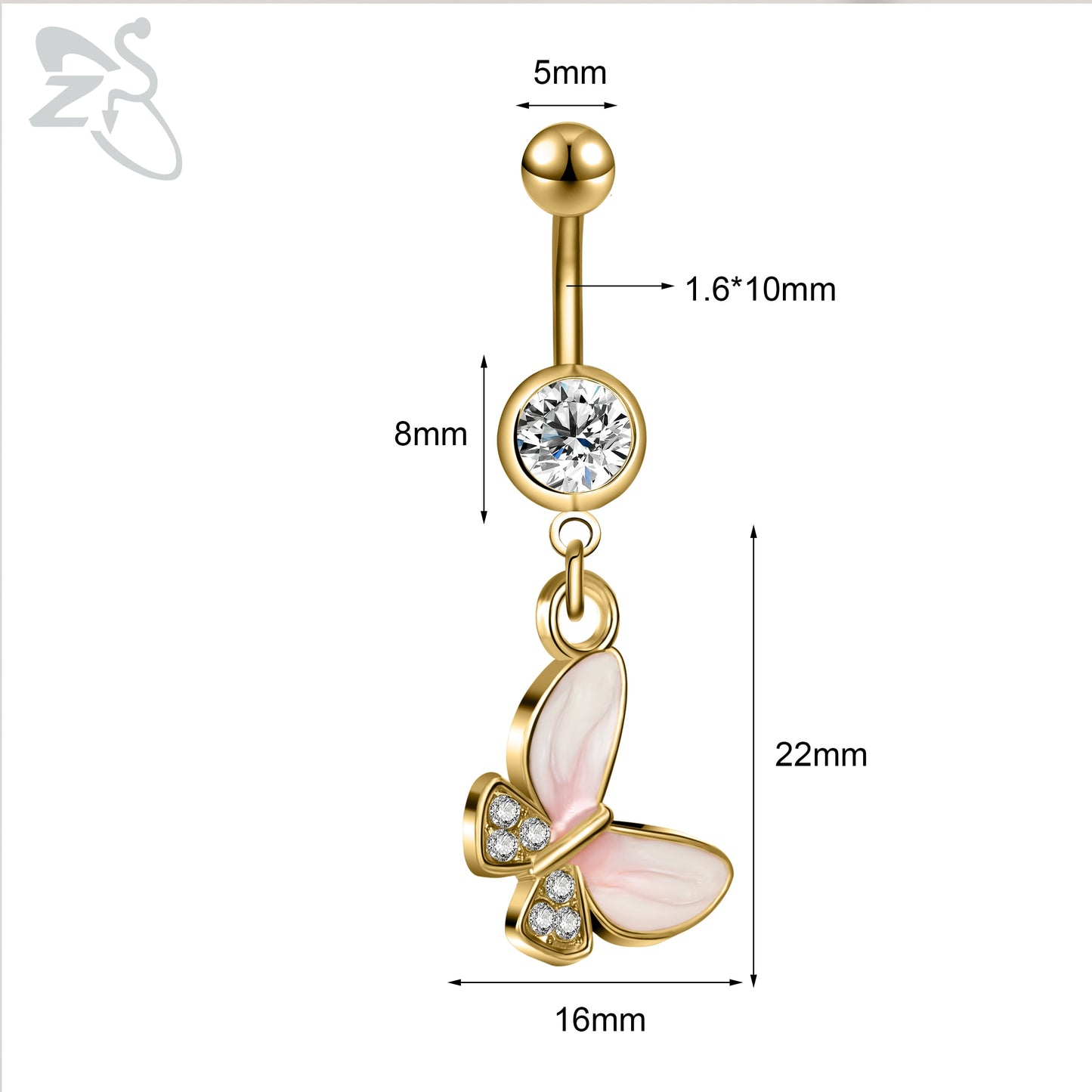 ZS 1 Piece Gold Color Stainless Steel Belly Ring Flower Heart CZ Crystal Navel Belly Button Rings Butterfly Navel Piercings 14G - Niki Ice Jewelry 