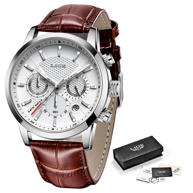 LIGE Top Brand Leather Chronograph Waterproof Sport Automatic Date Quartz Watch For Men