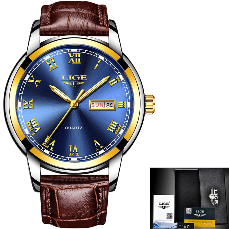 LIGE Top Brand Leather Chronograph Waterproof Sport Automatic Date Quartz Watch For Men