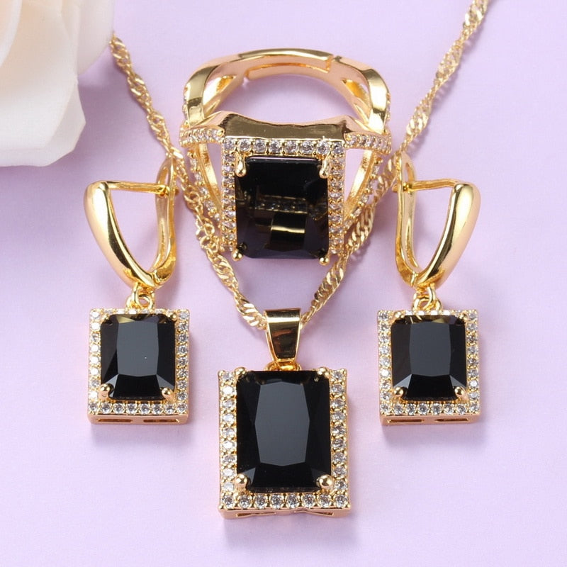 African Yellow-Gold Color Jewelry Sets For Women Black Cubic Zirocnia Necklace Ring Earrings Sets