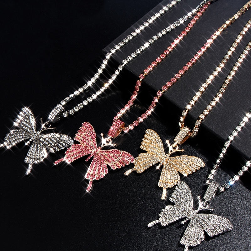 Big Butterfly Pendant Necklace Rhinestone Chain for Women Bling Tennis Chain Crystal Choker  Modern Jewelry