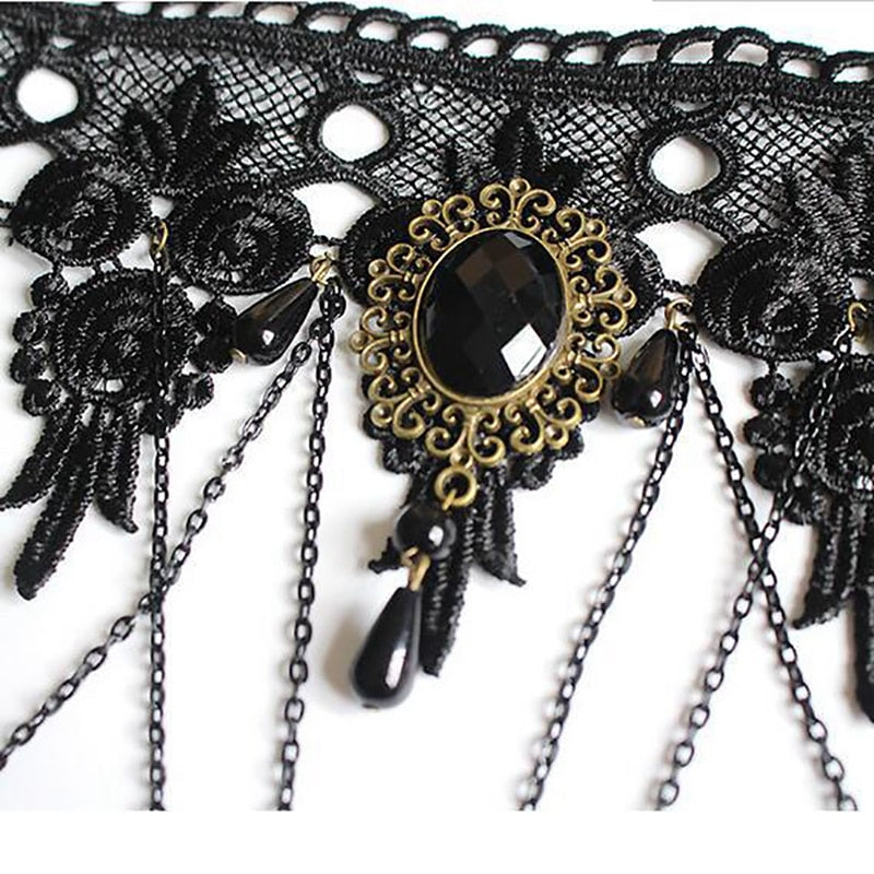 Boho Jewelry Sets Women Vintage Gothic Earrings Sets Halloween Women Jewelry Set Lace Choker Necklace Ring Hand Bracelet Sets