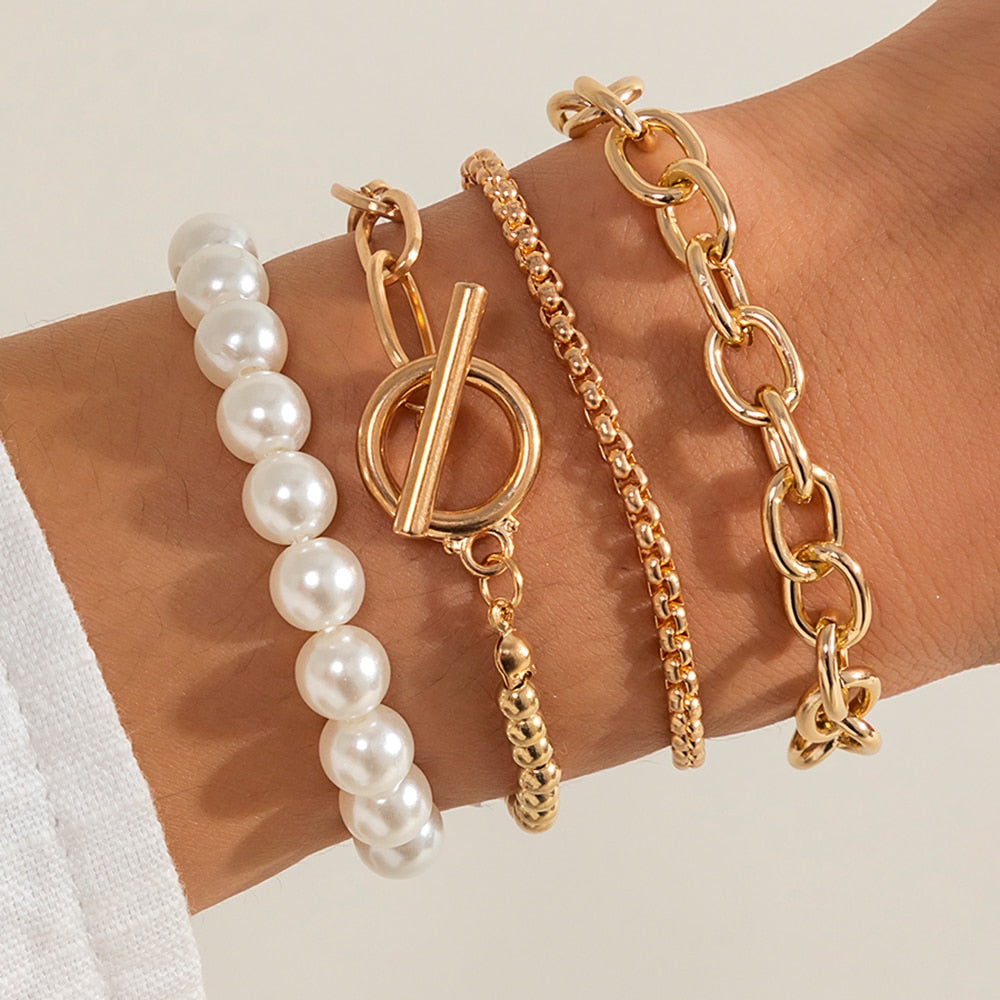 Niki Ice Imitation Pearl Bracelets Bangles Multi Layered Gold Color Bracelets Modern Jewelry