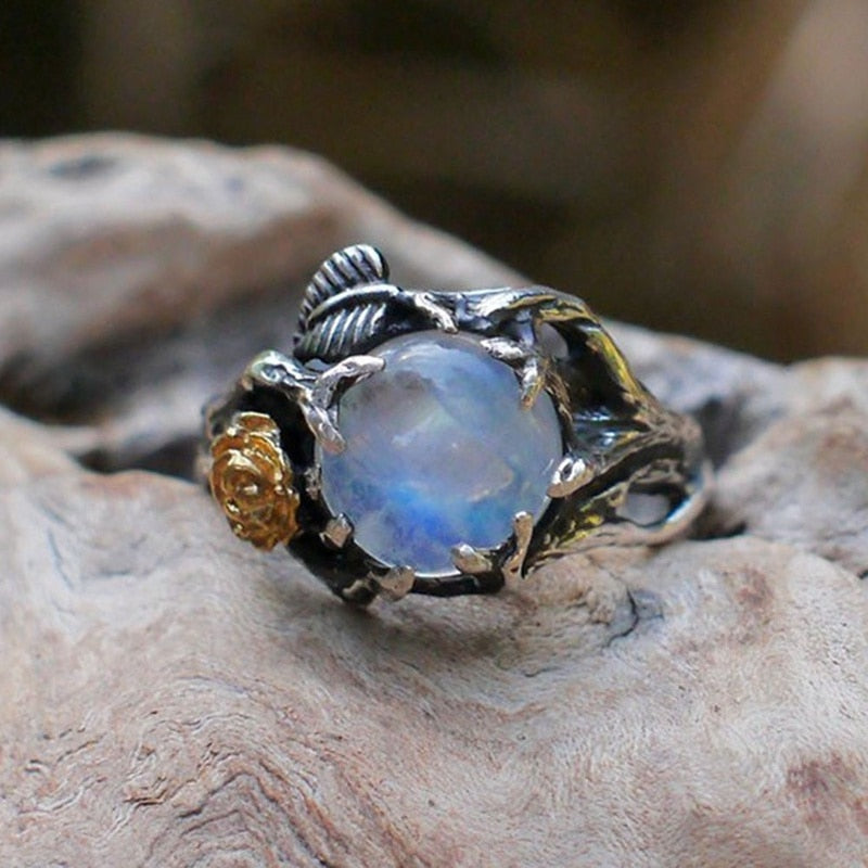 Vintage Moonstone Ring For Women Black Jewelry Gold Flower Finger Ring Female Charming Jewelry Gift Wedding Statement Opal Ring - Niki Ice Jewelry 