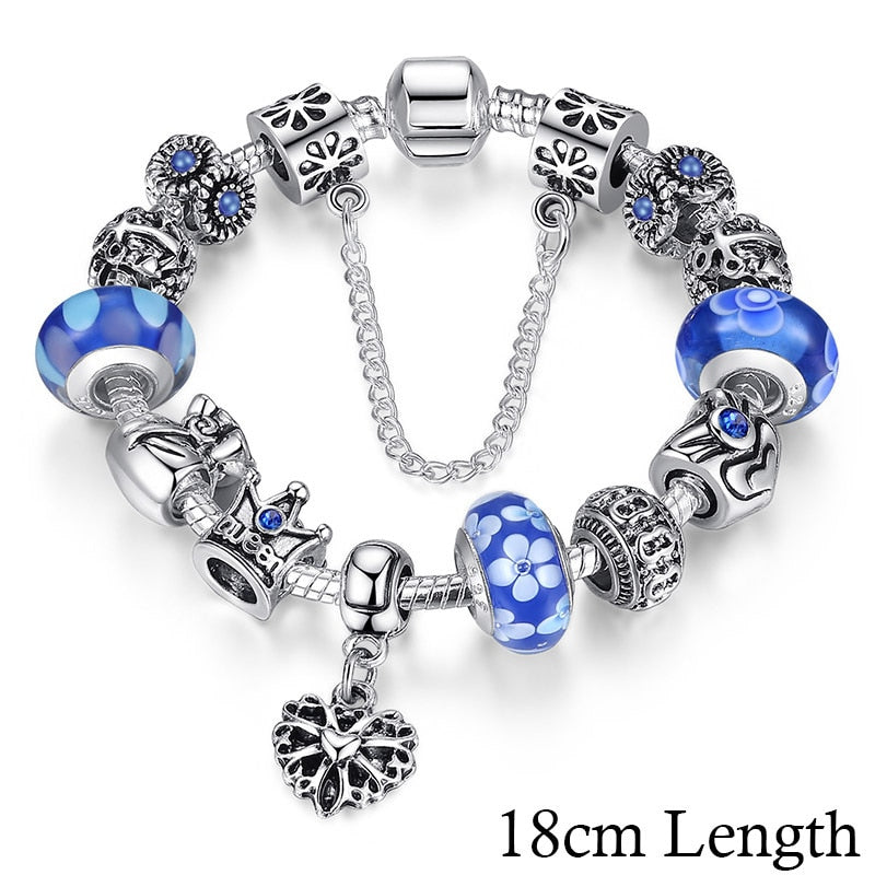 BAMOER Classic Jewelry Silver Plated Charms Bracelet Bangles With Queen Crown Beads Bracelet for Women