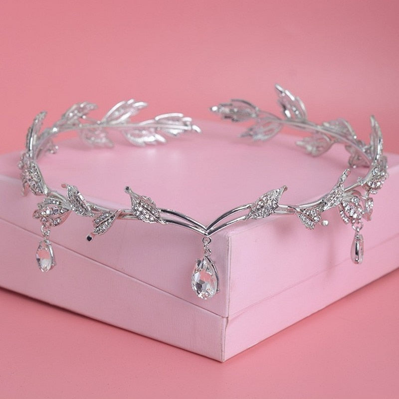 KMVEXO Rose Gold Crystal Crown Bridal Hair Accessory Wedding Rhinestone Teardrop Leaf Tiara Headband Frontlet Bride Hair Jewelry - Niki Ice Jewelry 