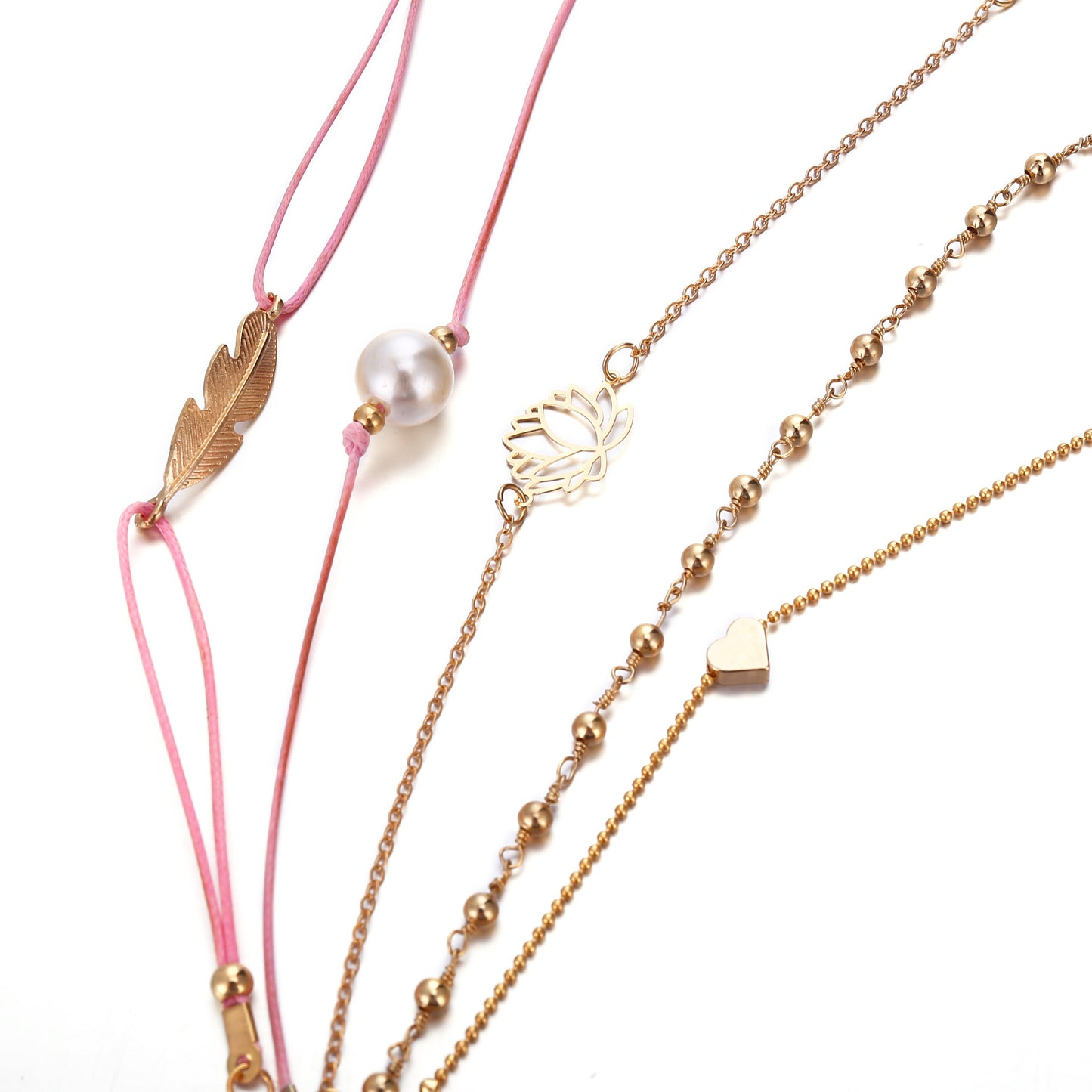 Boho Pearl Heart Feather Flower Bracelets for Women 5PCS/Set Fashion Layered Bracelet Set Stacking Chain Bracelet