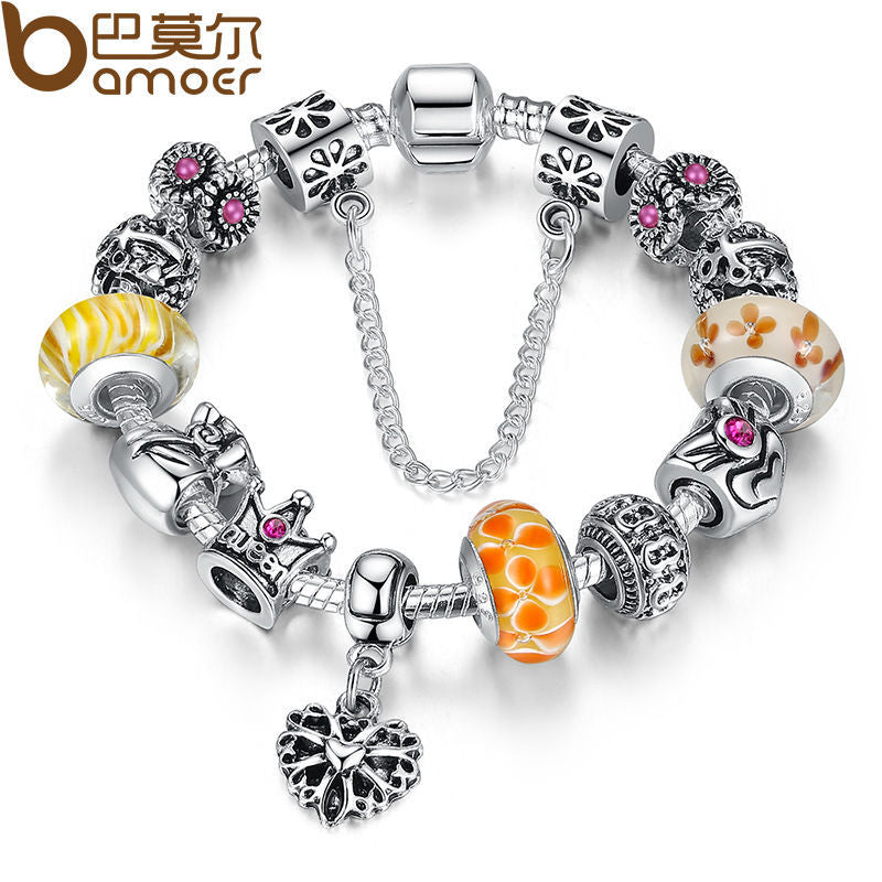 BAMOER Classic Jewelry Silver Plated Charms Bracelet Bangles With Queen Crown Beads Bracelet for Women