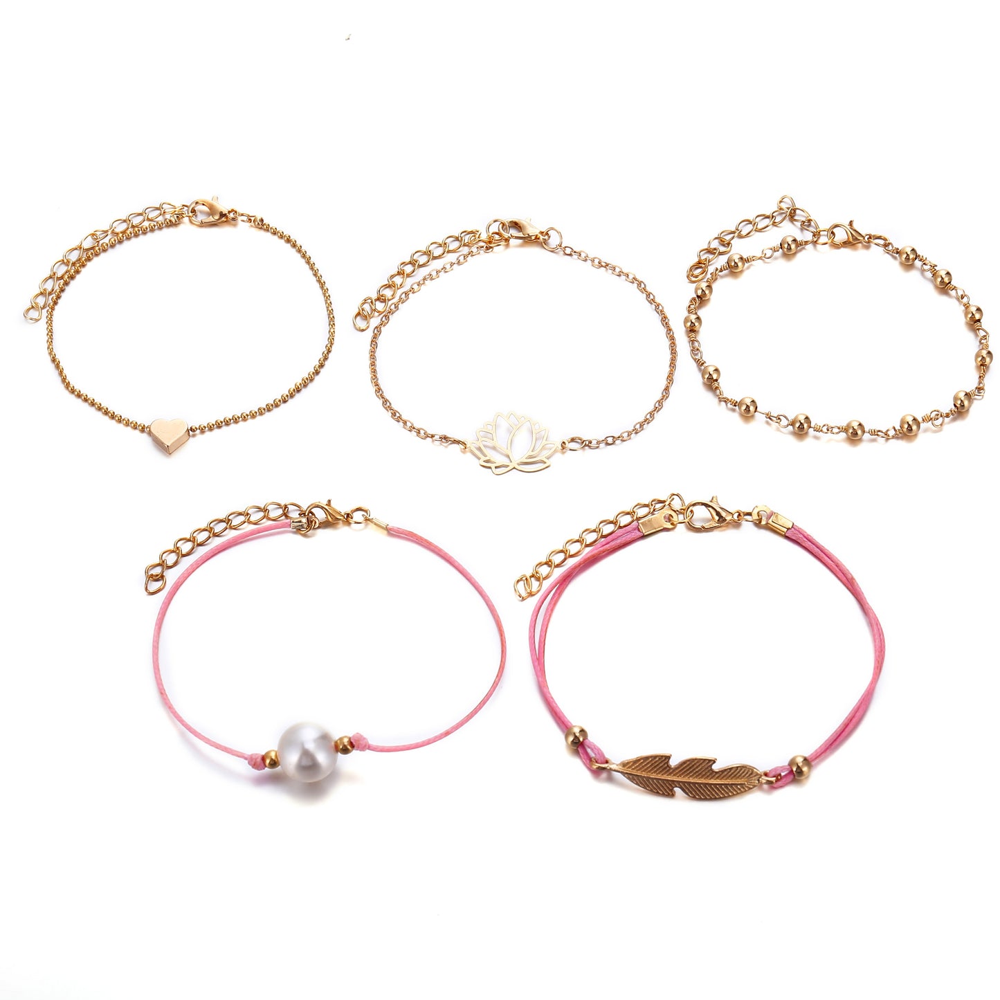 Boho Pearl Heart Feather Flower Bracelets for Women 5PCS/Set Fashion Layered Bracelet Set Stacking Chain Bracelet