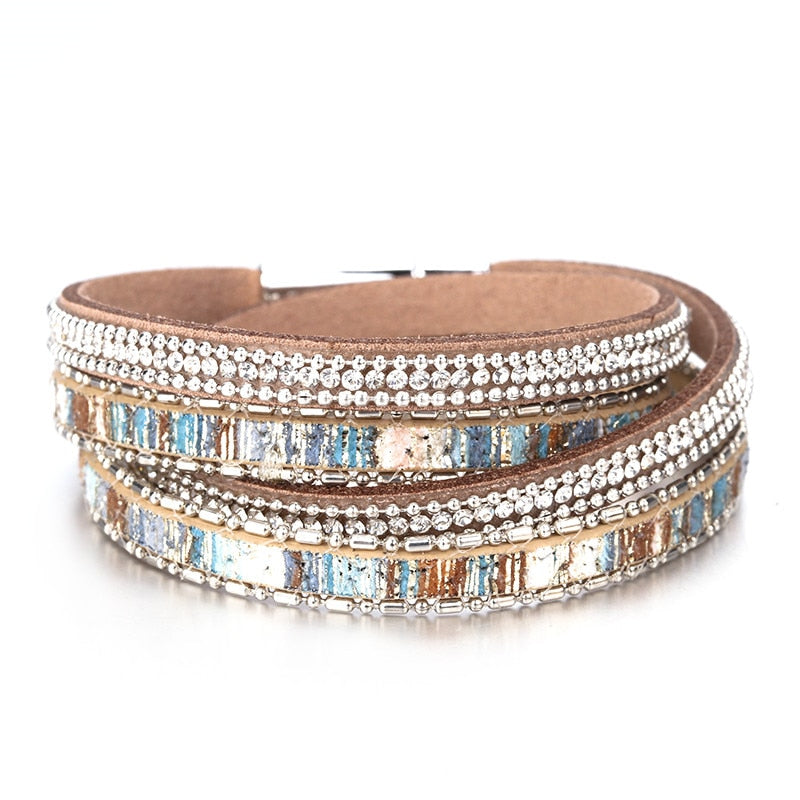 Women Leather Bracelet Czech Crystal Vintage Boho Multiple Layered Bohemian Double Wrap Bracelet Femme Jewelry Gifts - Niki Ice Jewelry 