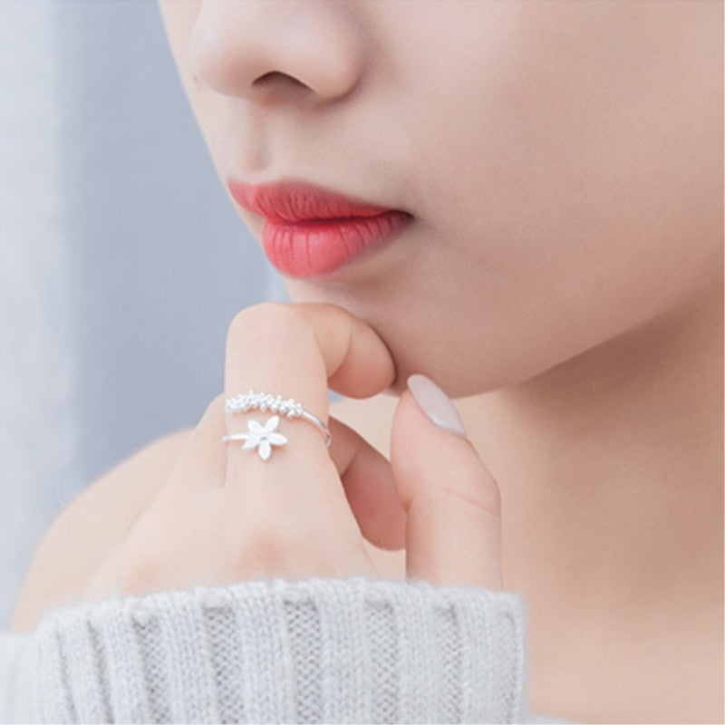 Fresh Flower Silver Color Cheerful Personality Fashion Gift Female Resizable Rings - Niki Ice Jewelry 