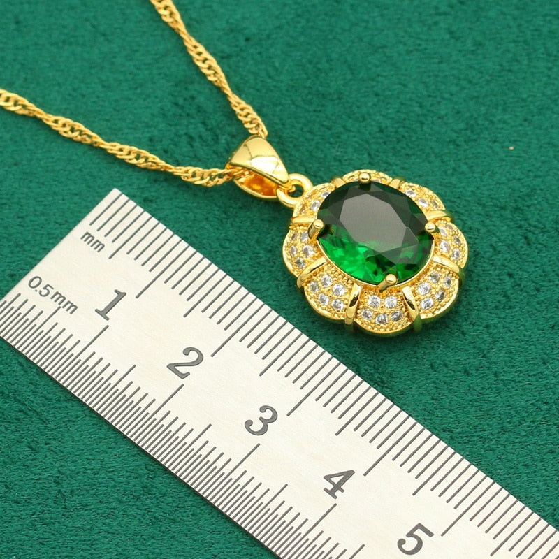 New Arrivals Gold Color Jewelry Sets For Women Wedding Green Zircon Bracelet Ear Clip Earrings Necklace Pendant Ring Gift 4PCS