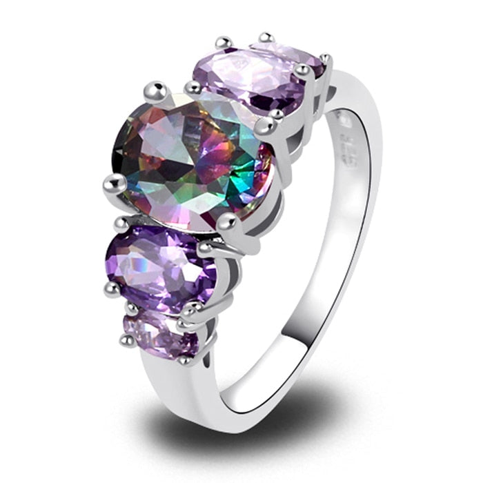 Luxurious Mystery Stone Ring Silver Plated Rainbow Fashion Jewelry Women`s Modern Jewelry