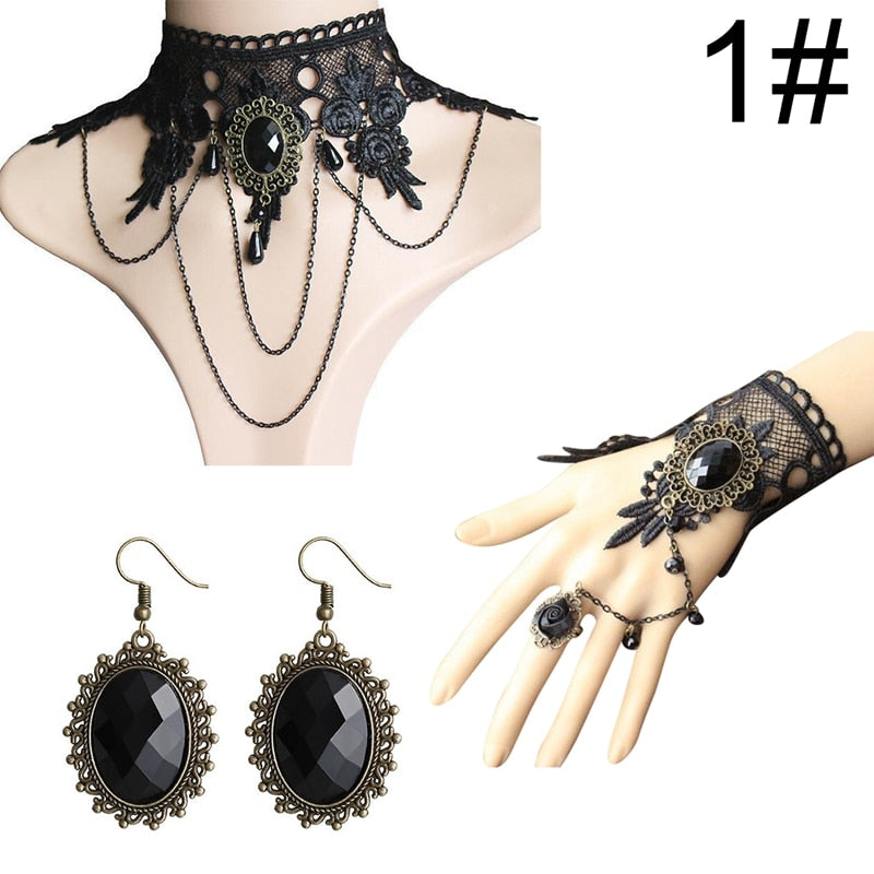 Boho Jewelry Sets Women Vintage Gothic Earrings Sets Halloween Women Jewelry Set Lace Choker Necklace Ring Hand Bracelet Sets