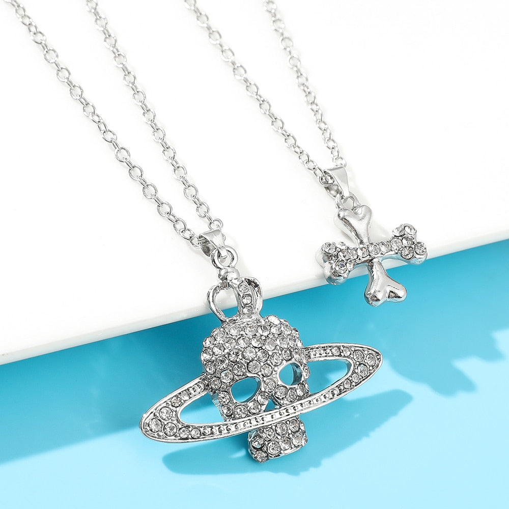 Cross Skull Saturn Necklace Crystal Rheinstone Pendant Gothic Death Planet Jewelry Hip Hop Punk Woman Man Accessories Gift - Niki Ice Jewelry 