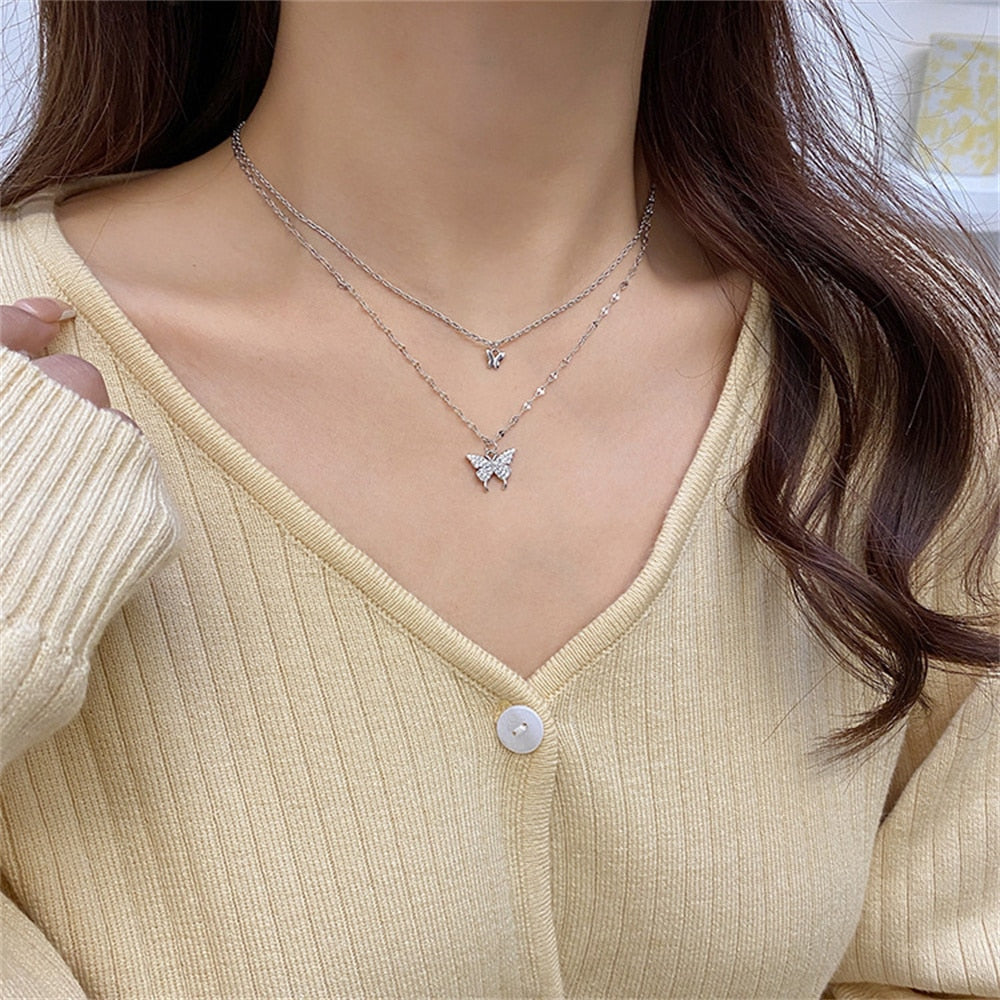 New Shiny Butterfly Double Layer Clavicle Chain Necklace