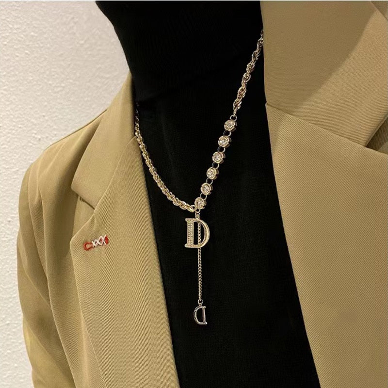 Zircon D Letter Pendant Long Necklace Winter Sweater Chain Fashion Jewelry