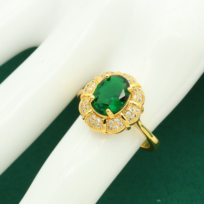 New Arrivals Gold Color Jewelry Sets For Women Wedding Green Zircon Bracelet Ear Clip Earrings Necklace Pendant Ring Gift 4PCS