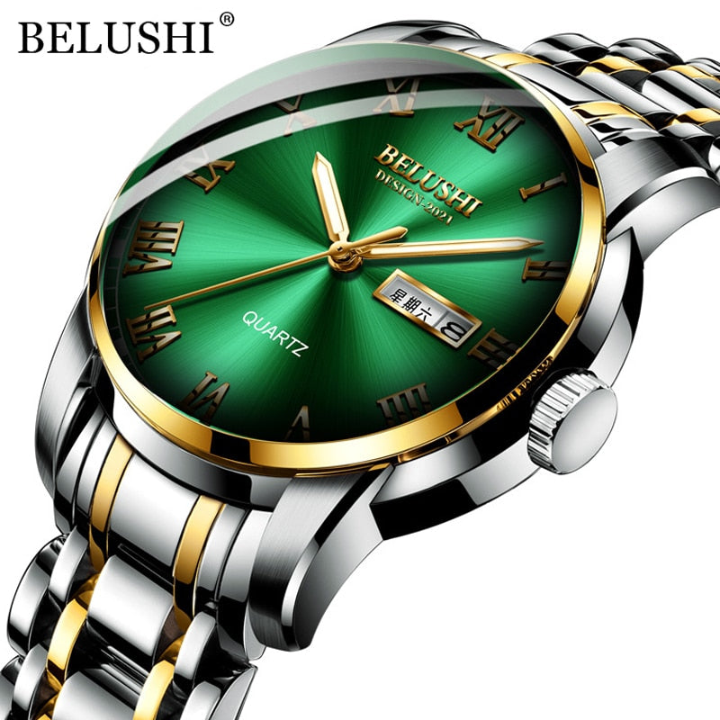 Belushi Luxury Mens Watches Luminous Waterproof Stainless Steel Watch Quartz Men Date Calendar Business Wristwatch